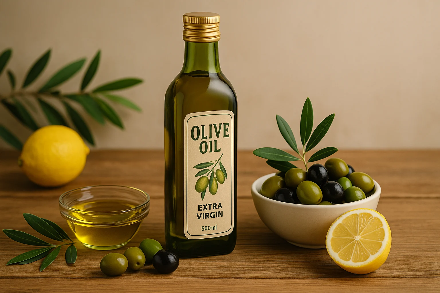 Sendok berisi minyak zaitun dengan buah zaitun segar, simbol manfaat olive oil bagi kesehatan tubuh