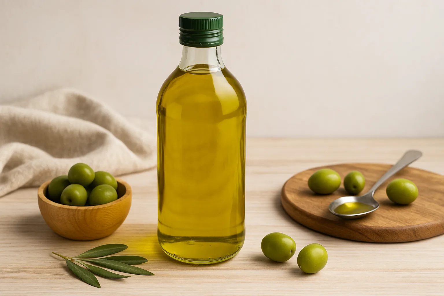 Botol minyak zaitun extra virgin di meja dapur, siap digunakan untuk masakan sehat dan gaya hidup seimbang